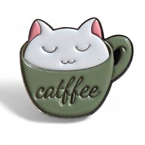 Purr-fect Brew! Cute "Catffee" Enamel Pin - Sleepy White Cat in Sage Green Mug